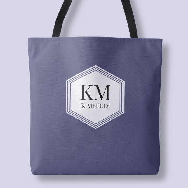 Monogram Blue Modern Eleganter Einfaches Individue (Monogram Blue Modern Elegant Simple Custom Name Tote Bag)