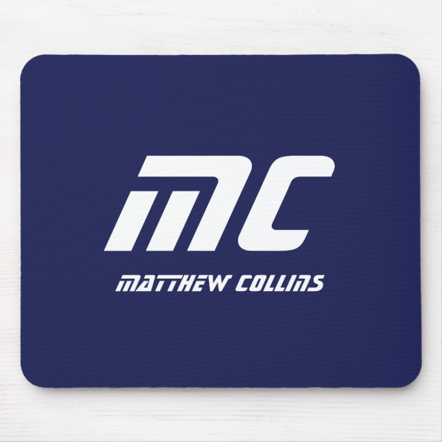 Monogram Blue Modern Minimalistisch Name White Sim Mousepad (Vorne)