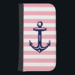 Monogram Blue Nautical Anchor Pastel Pink Stripe Phone Geldbeutel<br><div class="desc">Elegantes Design mit blauem und weißem Anker für Wasserfahrzeuge mit pastellrosa und weißem Streifen Hintergrund. Optionales Monogramm.</div>