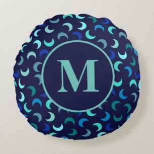 Monogram Blue New Moon Muster Rundes Kissen