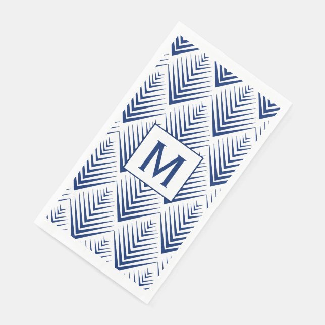 Monogram Blue on White Fan Blume Art Deco Serviette (Ecke)