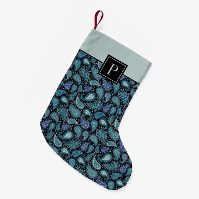 Monogram Blue Paisley Retro Muster Kleiner Weihnachtsstrumpf (Vorderansicht (hängend))