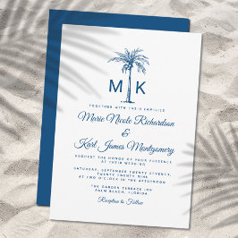 Monogram Blue Palm Tree Formal Beach Wedding Einladung
