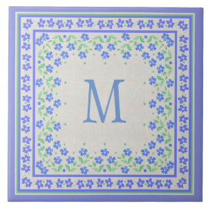 Monogram Blue Periwinkles Floral Border Imitats Li Fliese