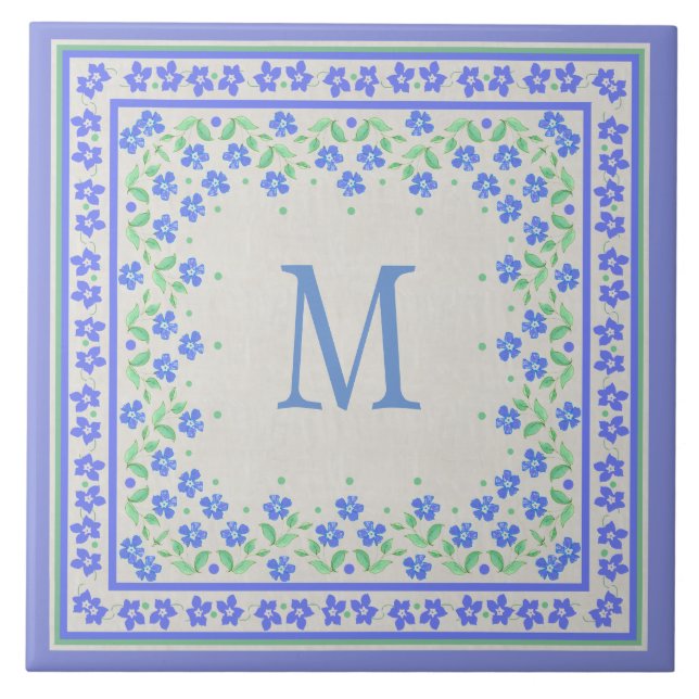 Monogram Blue Periwinkles Floral Border Imitats Li Fliese (Vorderseite)