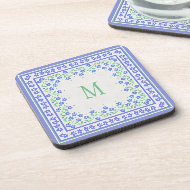 Monogram Blue Periwinkles Floral Border Imitats Li Getränkeuntersetzer (Linke Seite)