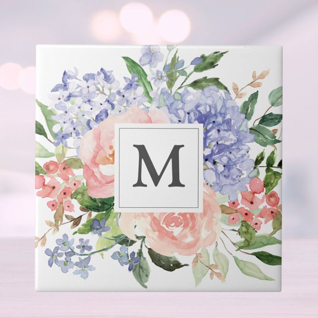 Monogram Blue Pink Hydrangea Peony Spring Floral Fliese (Close up)