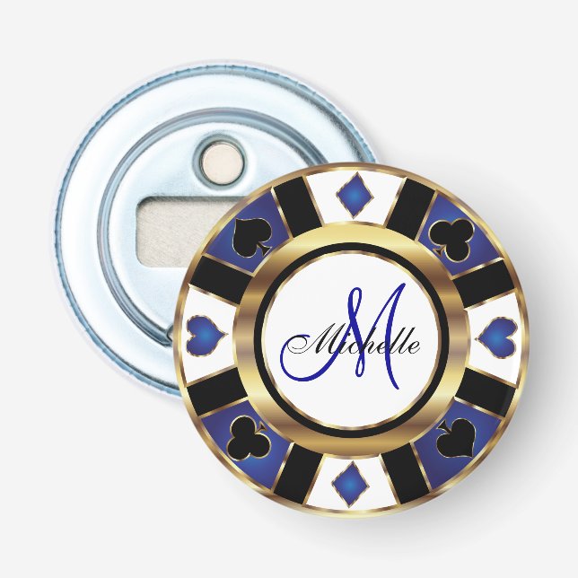 Monogram Blue Poker Chip Design Flaschenöffner (Vorderseite)
