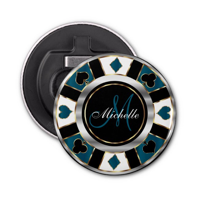 Monogram Blue Poker Chip Flaschenöffner (Vorderseite)
