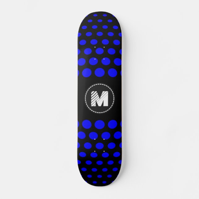 Monogram Blue Polka Dots Muster Skateboard (Vorderseite)