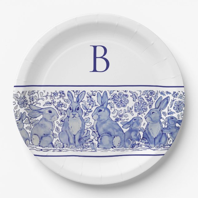 Monogram Blue Rabbit Animal Whimsical Custom Pappteller (Vorderseite)