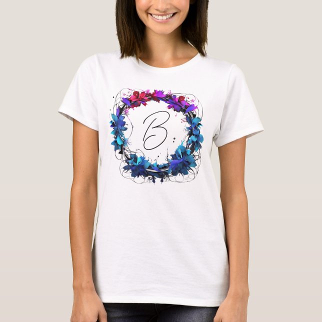 Monogram Blue Red Pink Floral Wreath T-Shirt (Vorderseite)
