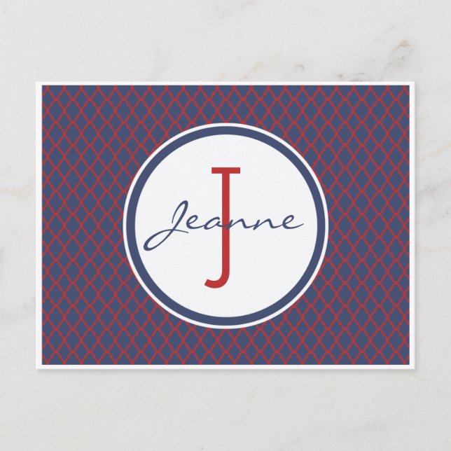 Monogram Blue & Red Quatrefoil Trellis Muster Postkarte (Vorderseite)