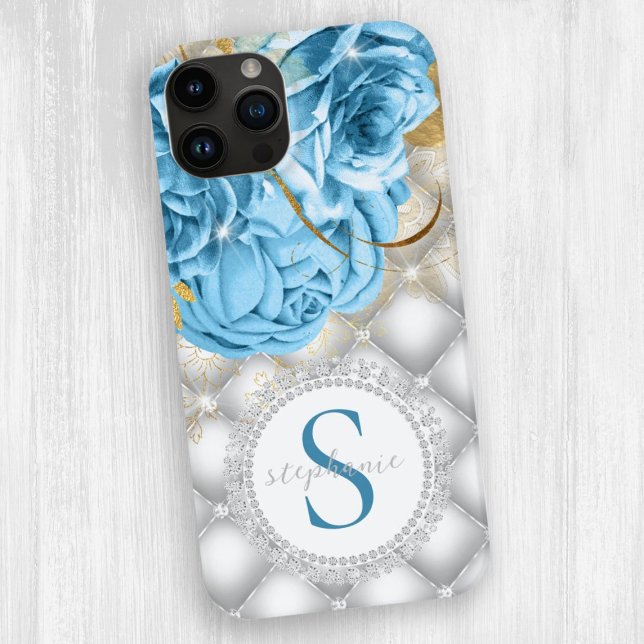 Monogram Blue Rose Diamonds Sparkle Tufl Glam Case-Mate iPhone Hülle (Von Creator hochgeladen)