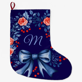 Monogram Blue Rote Rose Christmas Großer Weihnachtsstrumpf