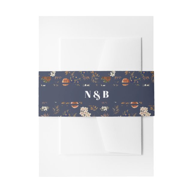 Monogram Blue Rust Floral Wedding Einladungsbanderole (Vorderseite Beispiel)