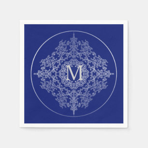 Monogram Blue & Silver Filigree Motif Napkins Serviette