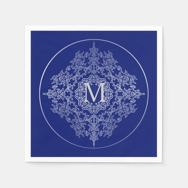 Monogram Blue & Silver Filigree Motif Napkins Serviette (Vorderseite)