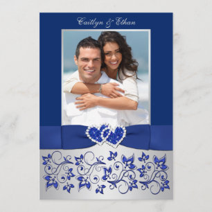 Monogram Blue, Silver Floral FOTO Wedite Einladung