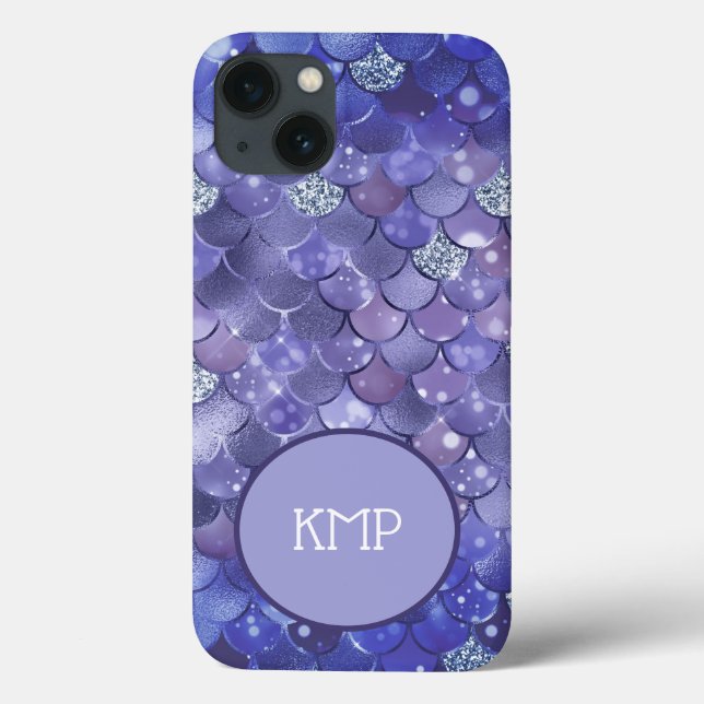 Monogram Blue Silver Glitzer Mermaid Scales Case-Mate iPhone Hülle (Rückseite)