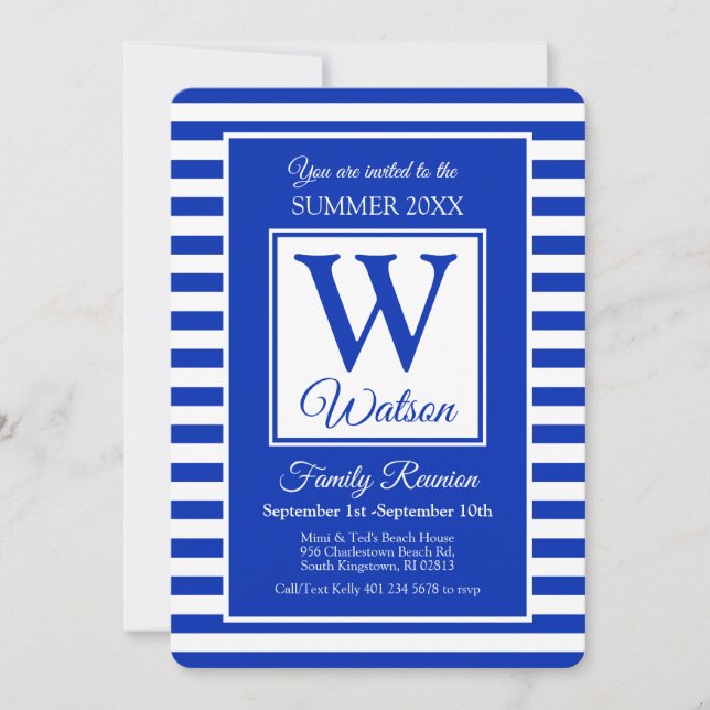 Monogram Blue Stripes Summer Family Wiedersehen Einladung (Vorderseite)