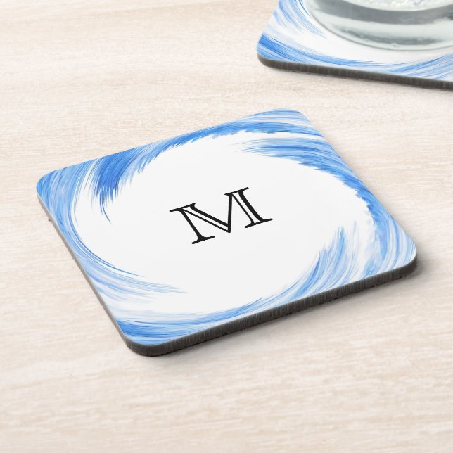 Monogram Blue Swirl Abstrakt Art Getränkeuntersetzer (Linke Seite)