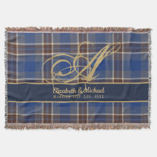 Monogram Blue Tartan Karierte Newlyweds Wedding Decke