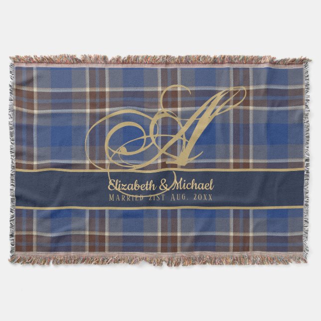 Monogram Blue Tartan Karierte Newlyweds Wedding Decke (Vorderseite)