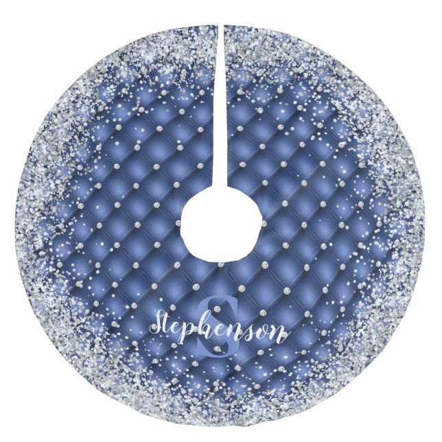 Monogram Blue Tufit Diamond Silver Glitzer Polyester Weihnachtsbaumdecke (Vorderseite)