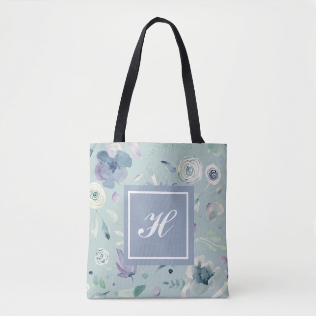 Monogram Blue Violet Watercolor Floral Pattern (Vorderseite)
