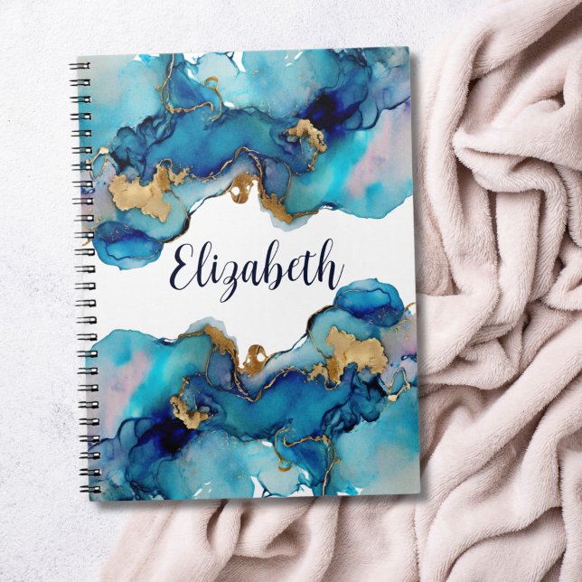 Monogram Blue Wash Splash Abstrakt Notizblock (Monogram Name blue gold alcohol ink watercolor wash notebook journal)