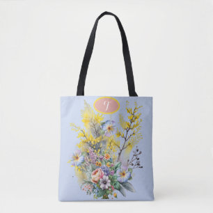 Monogram Blue Watercolor Spring Flowers Bouquet
