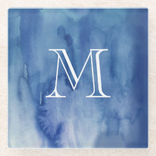 Monogram Blue Watercolor Texture Abstrakt Painting Glasuntersetzer