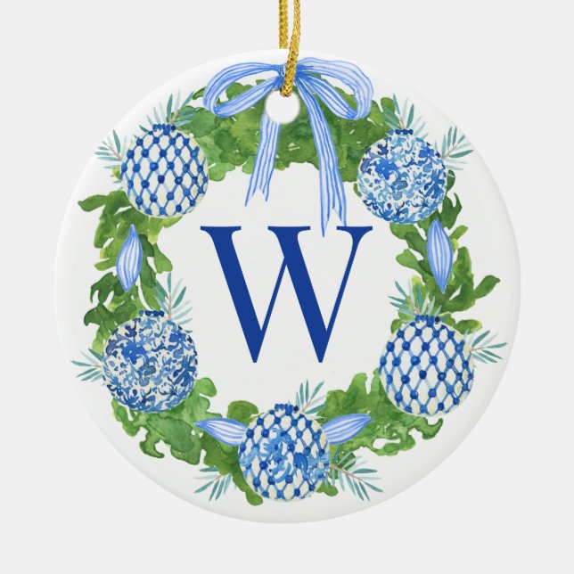 Monogram Blue & White Chinoiserie Wreath Keramik Ornament (Vorne)