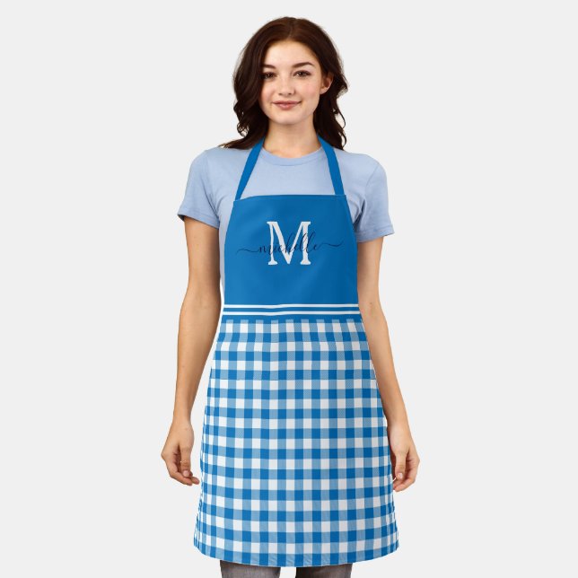 Monogram Blue White Gingham Navy Name Schürze (Getragen)
