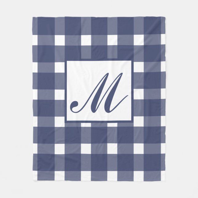 Monogram Blue White Gingham Pattern Fleecedecke (Vorderseite)