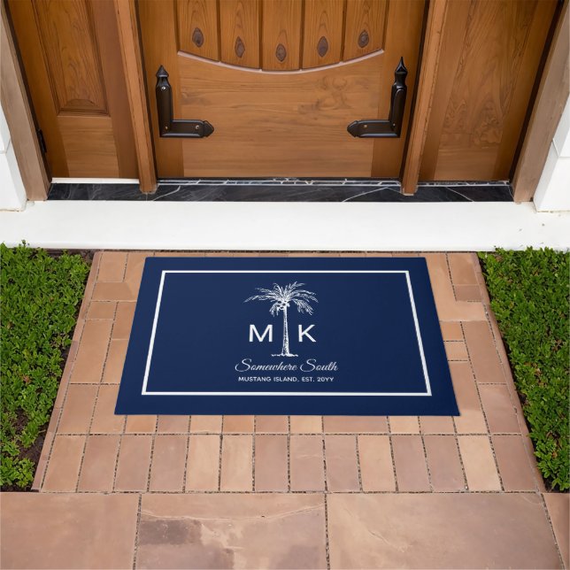 Monogram Blue White Palm Tree Personalized Fußmatte (Außenbereich)
