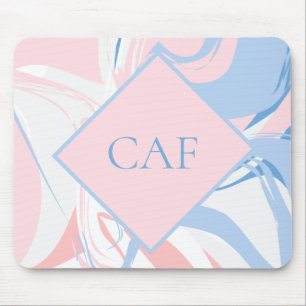Monogram Blue White Pink Marble Swirl Mousepad