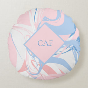 Monogram Blue White Pink Marble Swirl Rundes Kissen