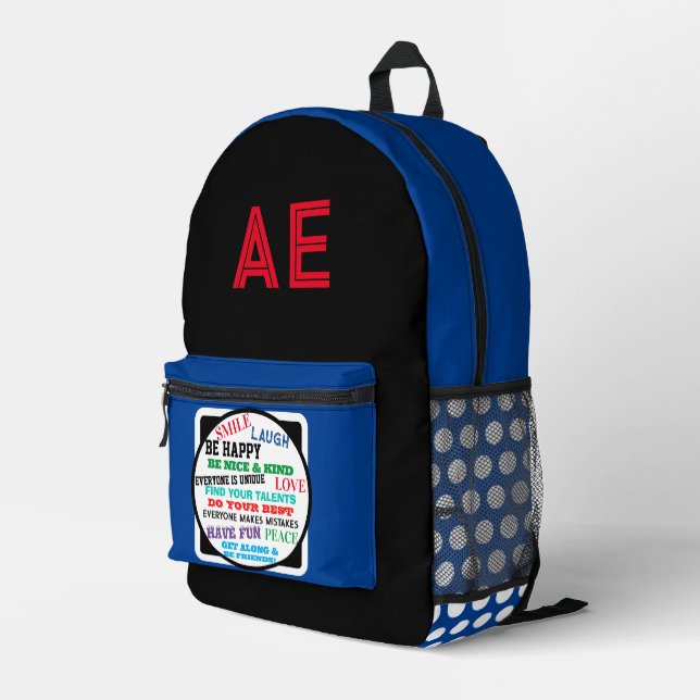 Monogram Blue White Polka Dots Motivierend Bedruckter Rucksack (Rückseitige Ecke Rechts)