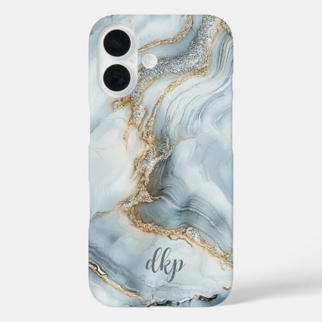 Monogram Blue White Silver Gold Marmor Swirl Case-Mate iPhone Hülle (Rückseite)