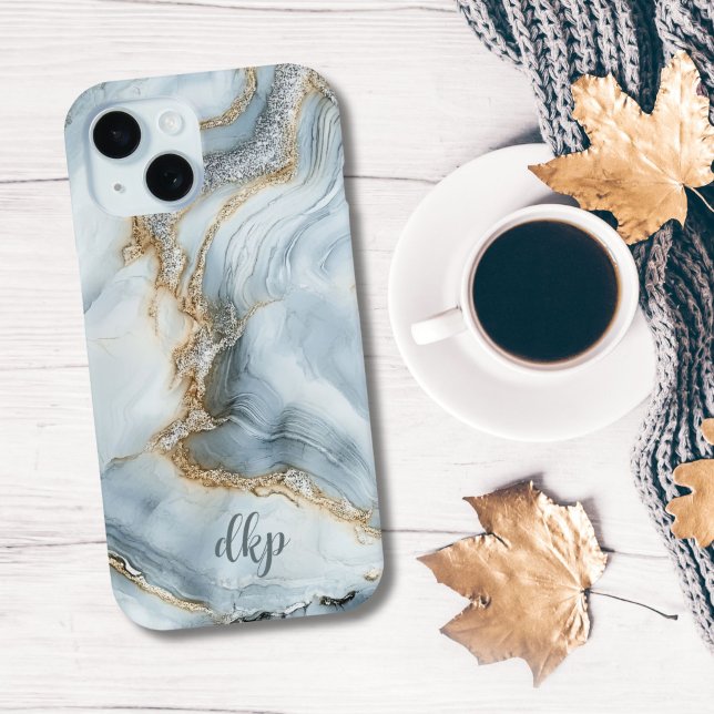 Monogram Blue White Silver Gold Marmor Swirl Case-Mate iPhone Hülle (Blue White Silver gold Marble Swirl Monogrammed name initials iPhone 15, 15, 13 14 12 11 case)
