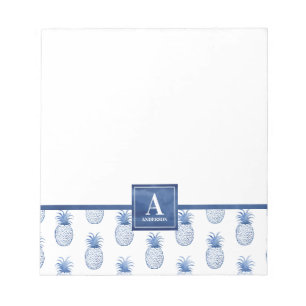 Monogram Blue White Watercolor Ananas Notizblock