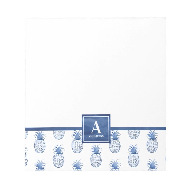 Monogram Blue White Watercolor Pineapple Notizblock (Vorderseite)