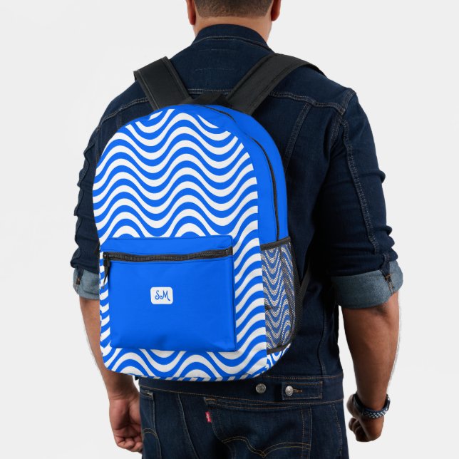 Monogram Blue White Wavy Stripes Psychedelic Bedruckter Rucksack (Insitu (Modell))