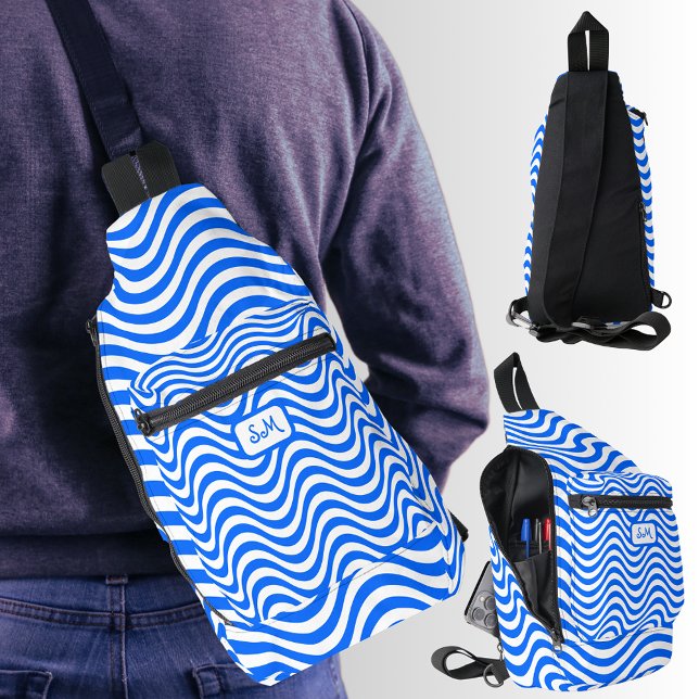 Monogram Blue White Wavy Stripes Psychedelic Crossbody Bag (Monogram Blue White Wavy Stripes Psychedelic Sling Bag)