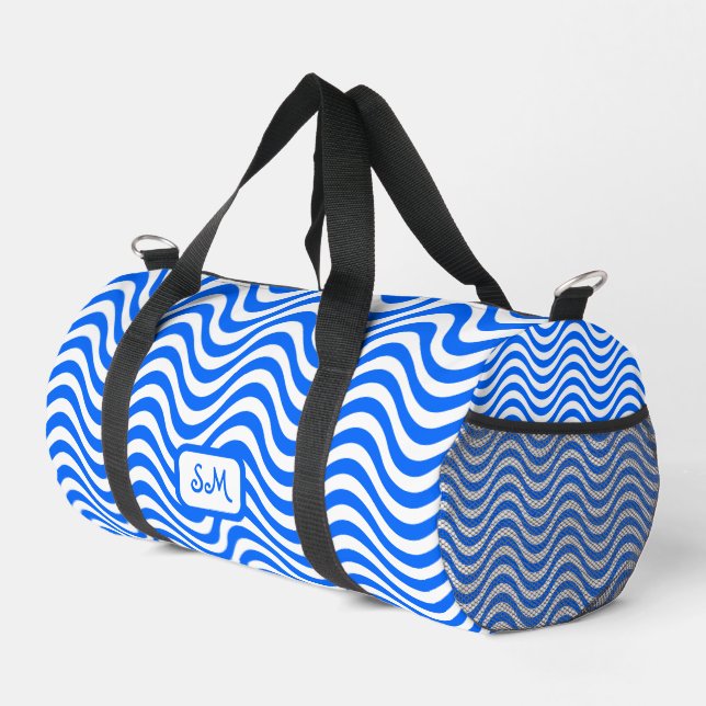 Monogram Blue White Wavy Stripes Psychedelic SM Duffle Bag (Rechte Ecke)