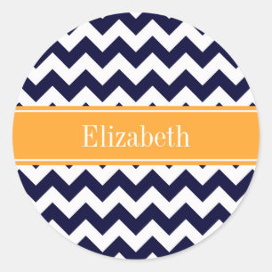 Monogram, Blue White Zickzack Cantaloupe Name Runder Aufkleber
