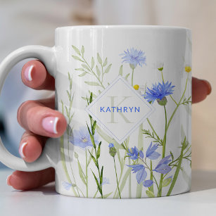 Monogram Blue Wild Blume Personalisiert Kaffeetasse