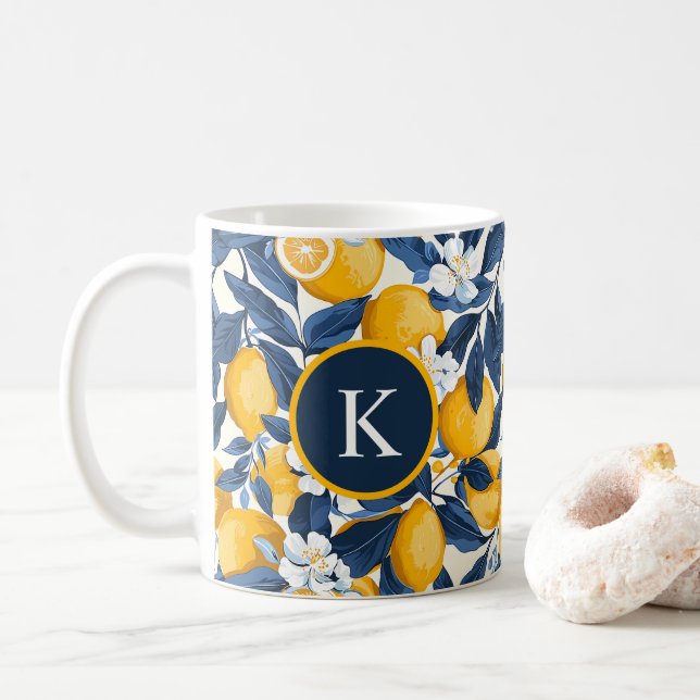 Monogram Blue Yellow Lemon Citrus Kaffeetasse (Mit Donut)